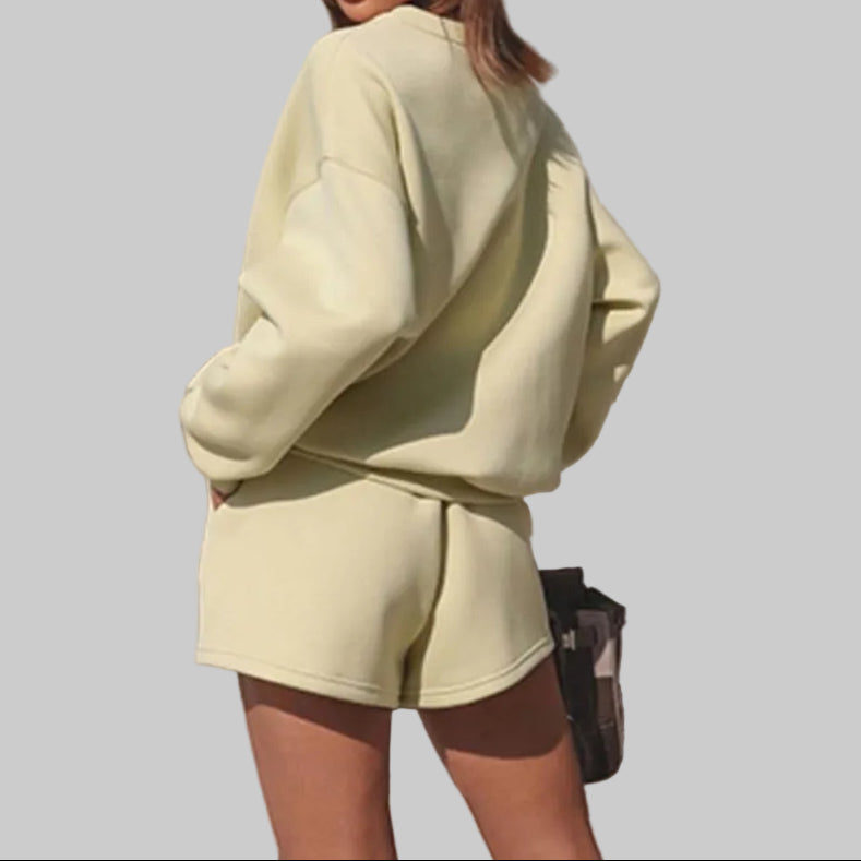Women’s Off Duty Crewneck Sweatshirt & Shorts Set in Yellow – Dropped Shoulders and Pull-On Shorts, Sizes S–XL | The Pretty Pistol