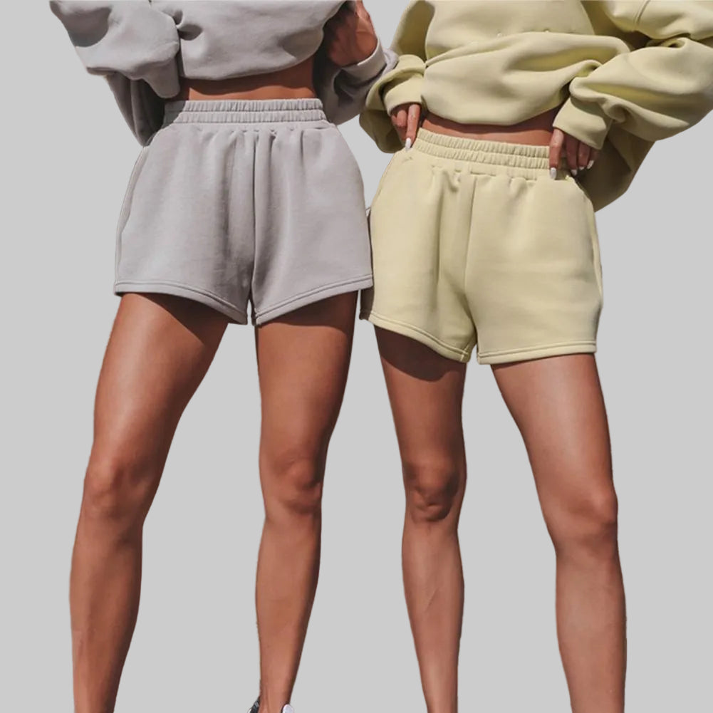 Women’s Off Duty Crewneck Sweatshirt & Shorts Set in Yellow Gray – Dropped Shoulders and Pull-On Shorts, Sizes S–XL | The Pretty Pistol