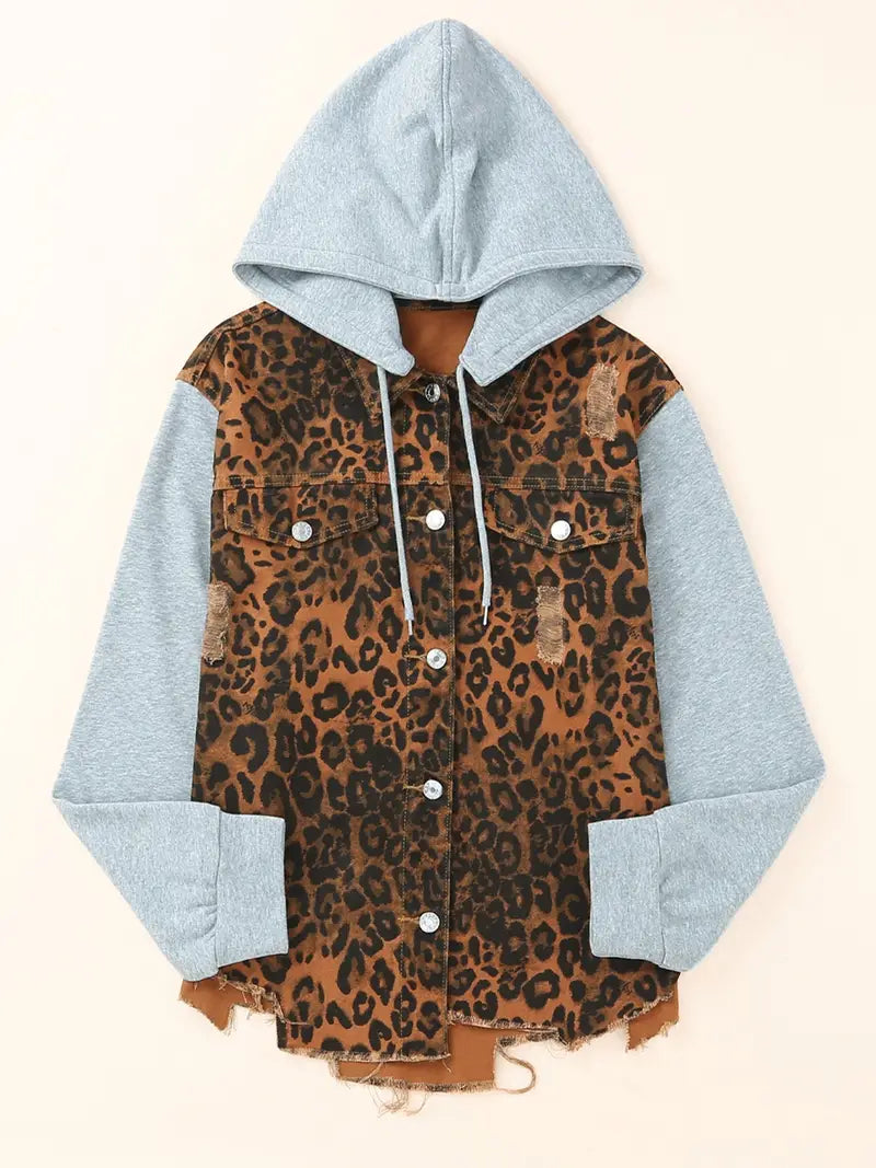 Leopard Ripped Hooded Denim Jacket for Women