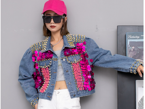 Sequin Short Denim Jacket for Women