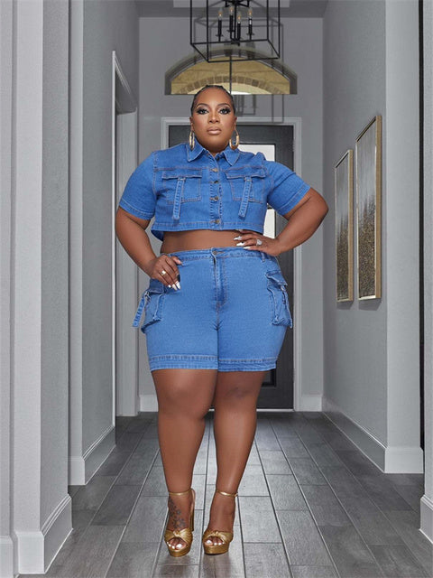 Plus Size Denim Two Piece Set with Pockets for Women