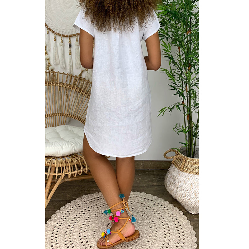 Casual V-Neck Cotton Linen Dress in Several Colors up to 5XL