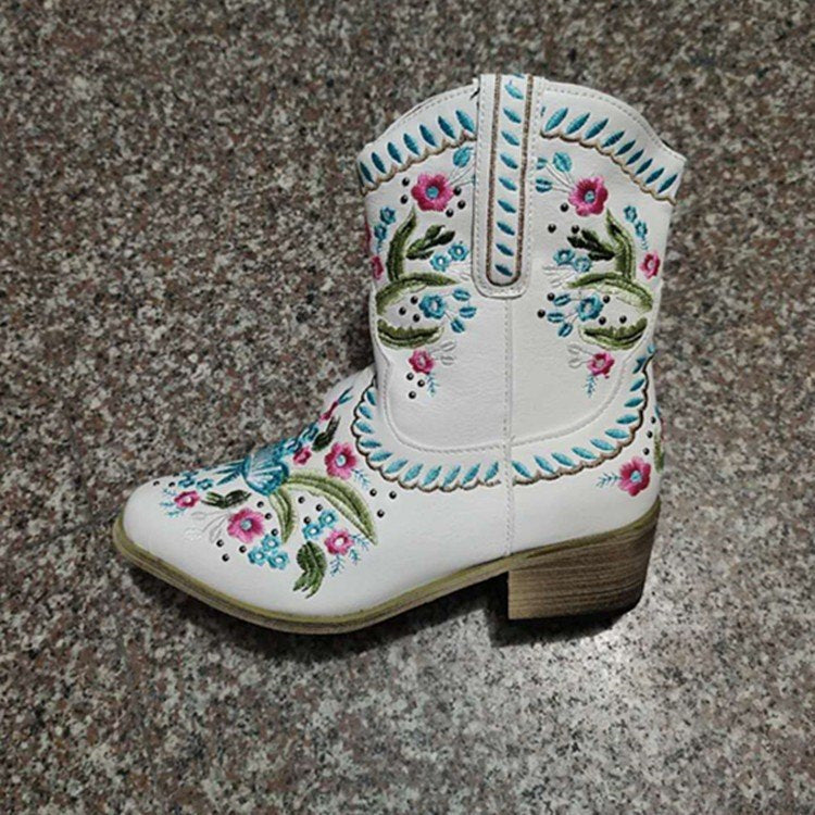Fashionable Square Heel Embroidered Boots for Women