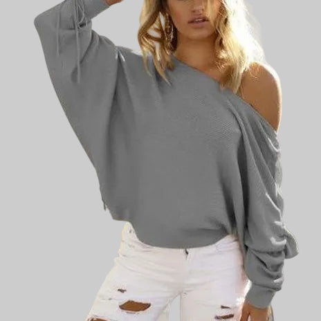 Off-Shoulder Ribbed Knit Sweater in Gray – Ribbed Knit Fabric, Long Sleeves, Off-Shoulder Neckline, Ruched Detail, Sizes S-XL | The Pretty Pistol