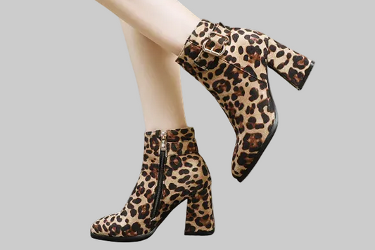 Beige leopard print chunky heel ankle booties with gold buckle strap, side zip closure, and pointed toe | The Pretty Pistol