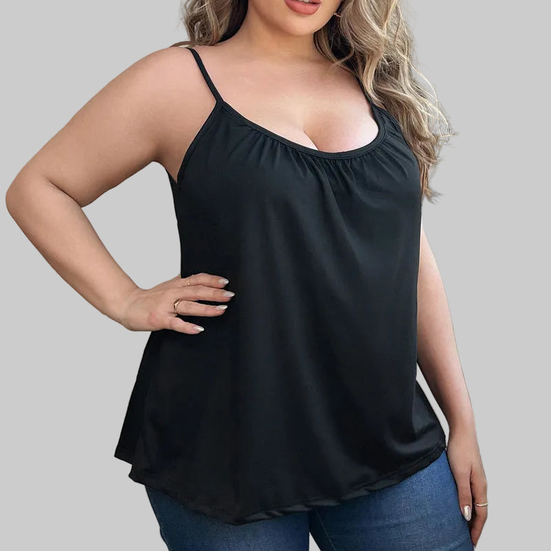 Women’s Curvy Built-In Bra Tank Top in Black – Adjustable Straps, Gathered Scoop Neck, Flowy Fit, Sizes L–3XL | The Pretty Pistol