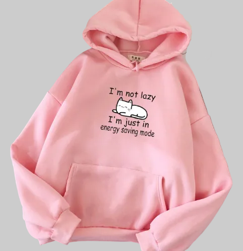 Women’s Energy Saving Mode Cat Graphic Hoodie in Pink – Relaxed Pullover, Sizes M–4XL | The Pretty Pistol