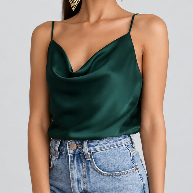 Women’s Draped Cowl Tank in Dark Green – Glossy Finish, Slim Straps, Draped Neckline, Sizes S–3XL | The Pretty Pistol