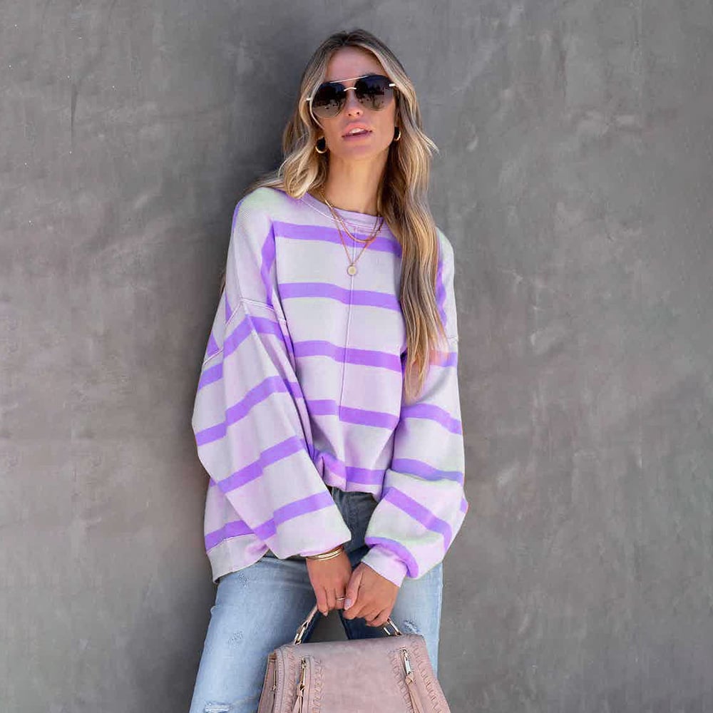 Women's Striped Long Sleeve Casual Loose Tops in Sizes S-2XL
