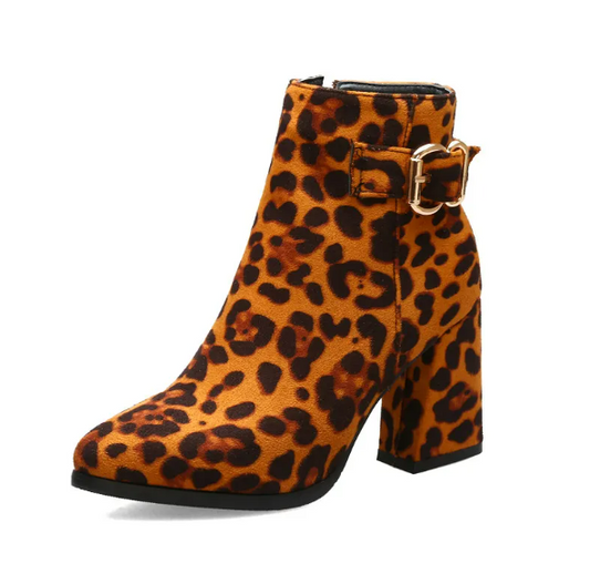 Leopard Print Chunky Heel Boots in Brown or Beige