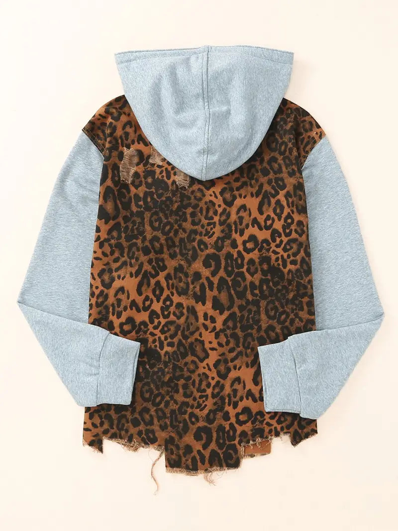 Leopard Ripped Hooded Denim Jacket for Women