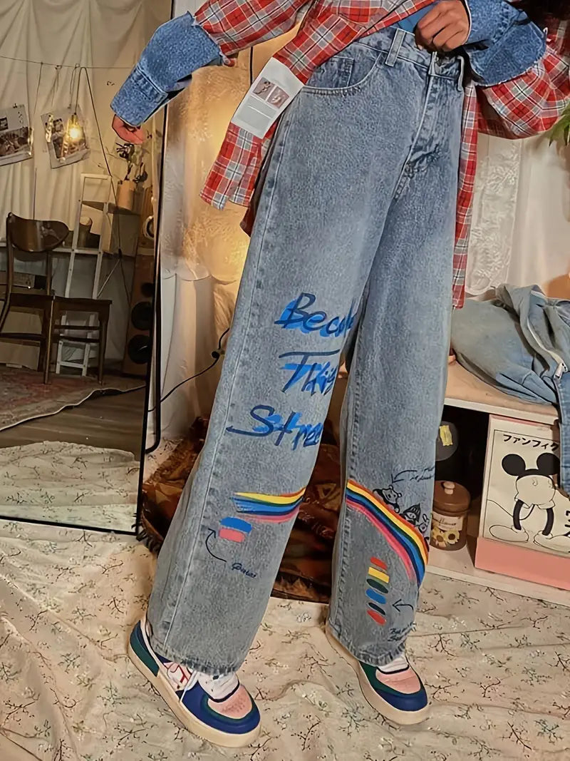 Women's Loose Fit Wide Leg Denim Jeans with Pockets