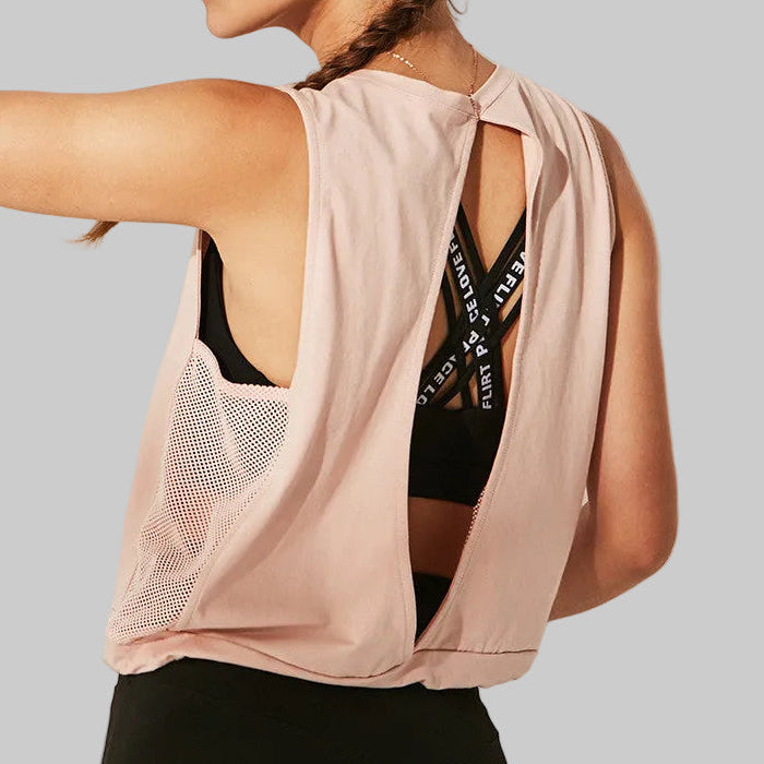 Women’s Open-Back Mesh Workout Tank in Pink – Sleeveless, Mesh Side Panels, Drawstring Hem, Sizes S–L | The Pretty Pistol