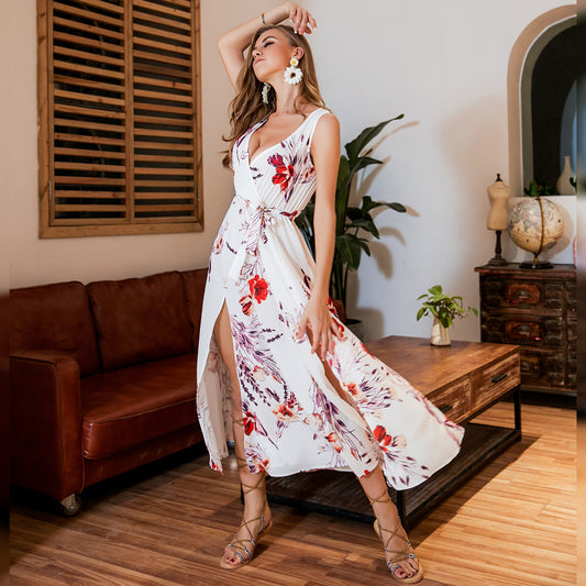 Floral Wrap Maxi Dress - Deep V-Neck with High Slit