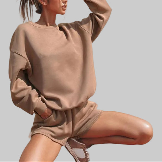 Women’s Off Duty Crewneck Sweatshirt & Shorts Set in Khaki – Dropped Shoulders and Pull-On Shorts, Sizes S–XL | The Pretty Pistol