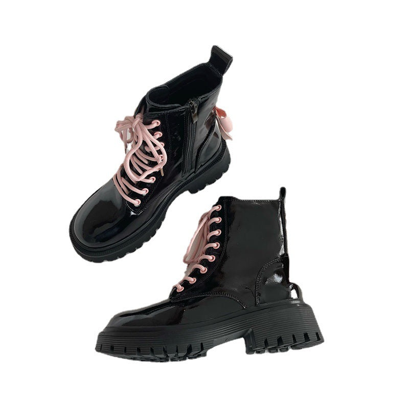 Pink Bow Patent Leather Martin Boots for Women