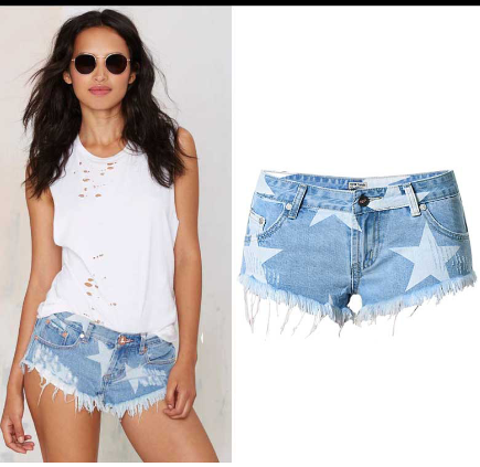 Star Print Fringe Denim Shorts for Women up to 2XL
