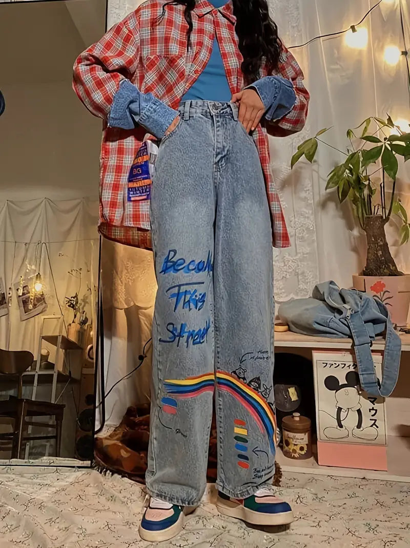 Women's Loose Fit Wide Leg Denim Jeans with Pockets