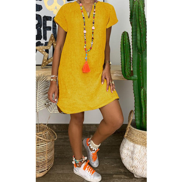 Casual V-Neck Cotton Linen Dress in Several Colors up to 5XL