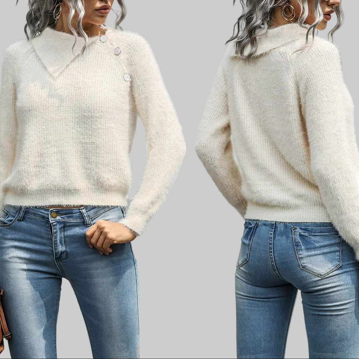 Women's Fuzzy Knit Button Shoulder Sweater in Cream – Fold-Over Collar Eyelash Knit Pullover One Size | The Pretty Pistol