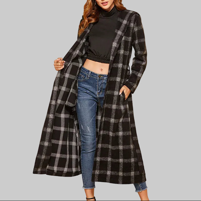 Women’s After Hours Black, Gray & White Plaid Longline Coat – Open Front, Side Pockets, Sizes S–XL | The Pretty Pistol