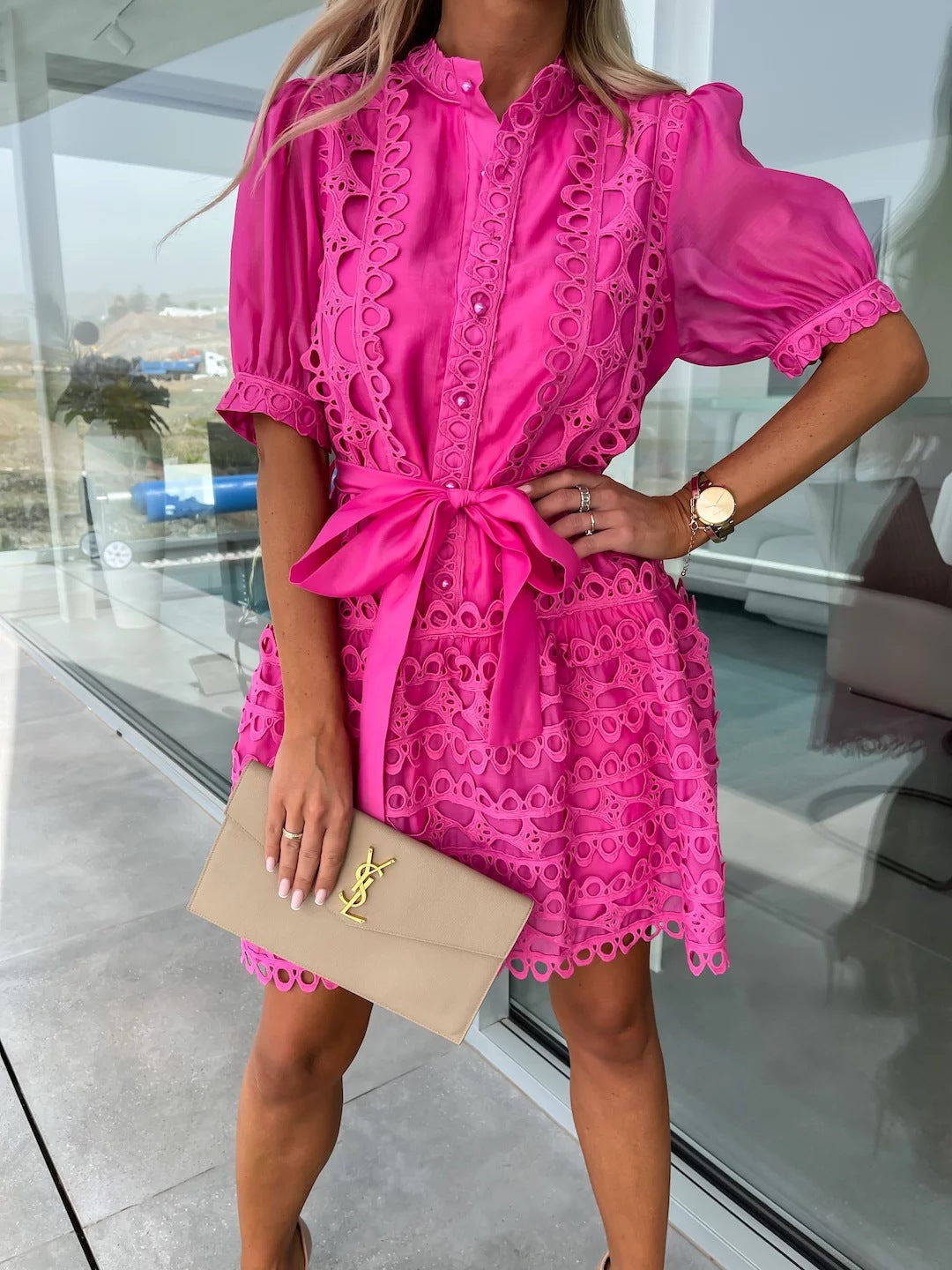 Women's Mini Dress with Fashion Lace Stitching