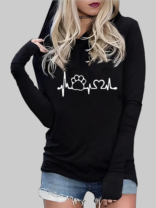 Women's Paw Print Heartbeat Hoodie in Black & Rust – Lightweight Long Sleeve Graphic Pullover, Sizes S-3XL | The Pretty Pistol