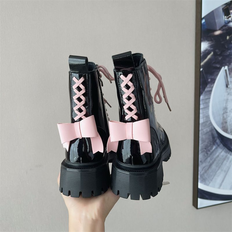 Pink Bow Patent Leather Martin Boots for Women