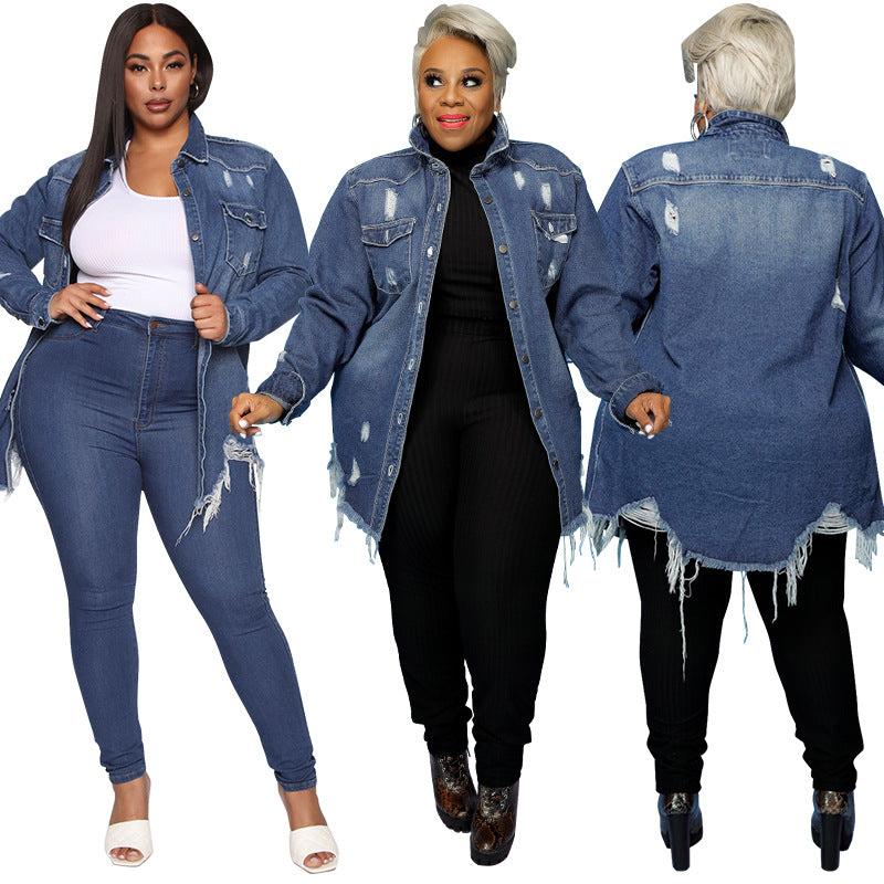 Ripped Wash Denim Button-up Long Sleeve Shirt for Women up to 5XL