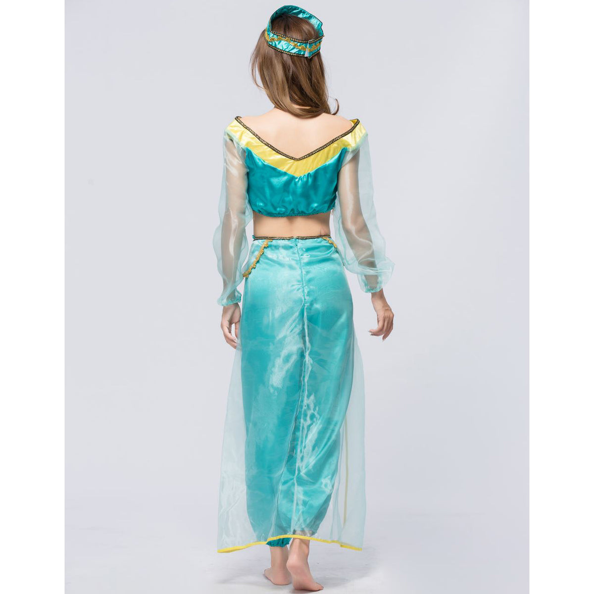 Princess Jasmine costume set in teal satin with off-shoulder crop top, sheer sleeves, gold trim, harem pants, tassel belt, and jeweled headpiece | The Pretty Pistol