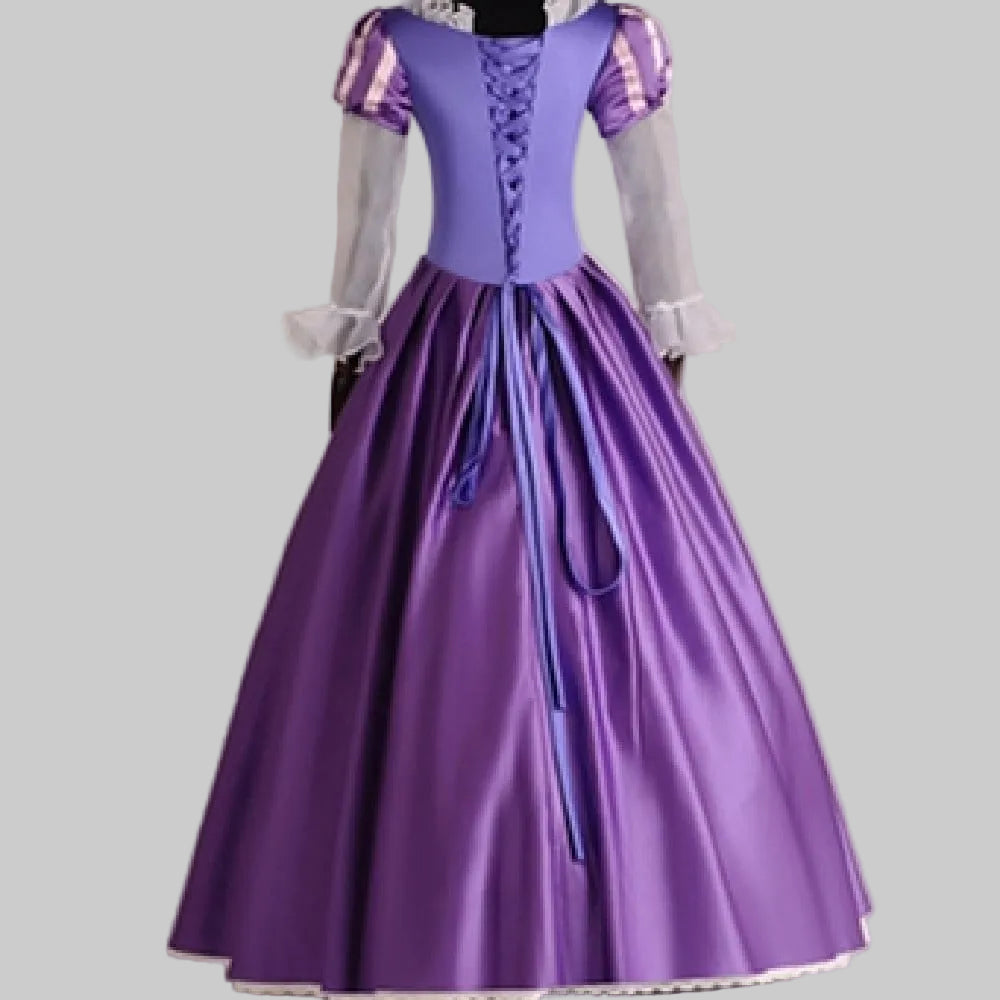 Rapunzel princess costume ball gown in purple and lavender satin with lace-up corset bodice, puff sleeves, ruffled white collar, and full skirt | The Pretty Pistol