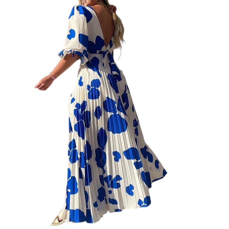 Blue Abstract Print Pleated Maxi Dress Back View - Open V-Back Tie Waist Pleated Maxi Skirt | The Pretty Pistol